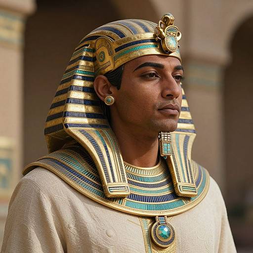 Photograph of a man with dark skin wearing an Egyptian pharaoh's headdress and robe, featuring gold, blue, and turquoise stripes, with a