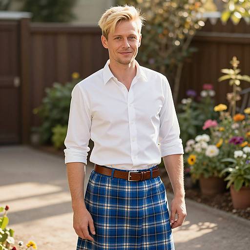 Confident Man in Stylish Plaid Skirt