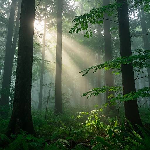 Photograph of a serene forest with tall, dark tree trunks, sunbeams piercing through mist, illuminating vibrant green leaves and ferns on