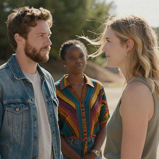 Three people outdoors in casual conversation