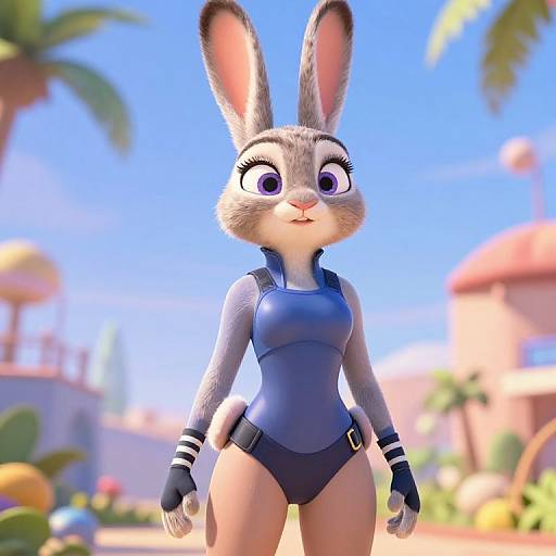 CGI image of Judy Hopps from Zootopia, anthropomorphic rabbit, in a blue police uniform, standing confidently in a sunny, tropical background