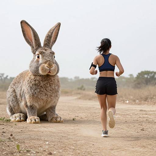 Photograph of a woman in athletic wear running on a dirt path with a large, fluffy gray rabbit sitting nearby.