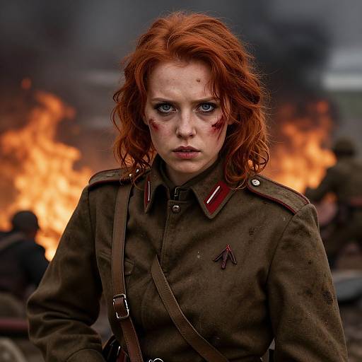 Photograph-style digital art of a fierce, red-haired woman with blood on her face, wearing a military uniform, standing in front of a blazing fire