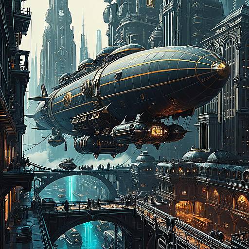 Floating Motorpunk Airship Over Steam-Powered Metropolis