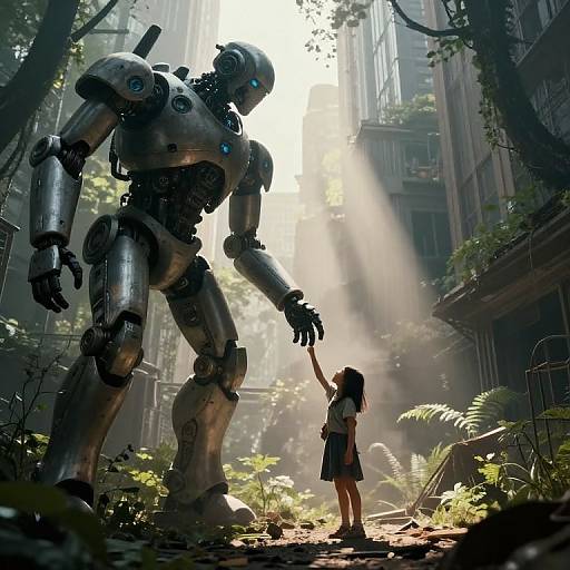 Digital artwork: A towering, silver robot with glowing blue eyes stands in a sunlit, overgrown, abandoned building, as a small girl in a
