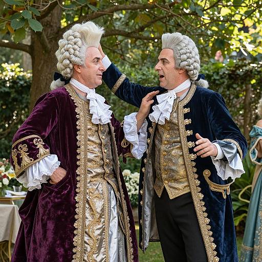 Photograph of two men in 18th-century aristocratic attire, with white wigs and elaborate gold-trimmed purple and black velvet coats,