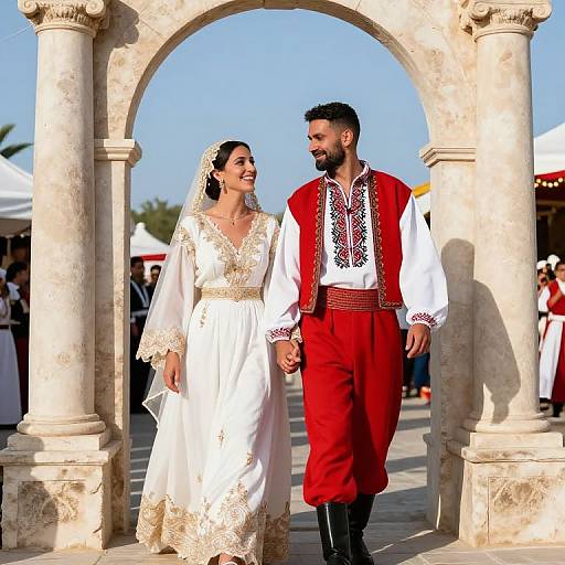 Photograph of a smiling couple in traditional wedding attire: white lace dress and red vest with white shirt, walking under a stone archway. Bright daylight
