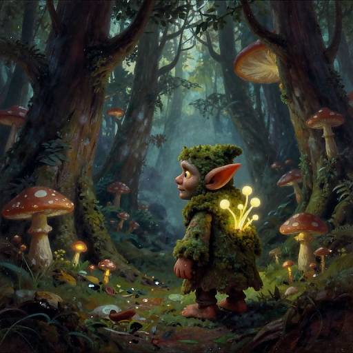 Fantasy forest painting of a small, moss-covered goblin with glowing mushrooms, surrounded by towering red-capped fungi, under a misty canopy.
