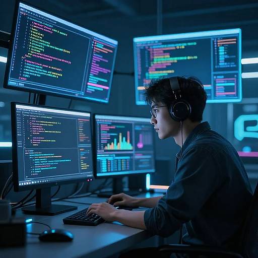 Cyberpunk Programmer in Futuristic Workspace