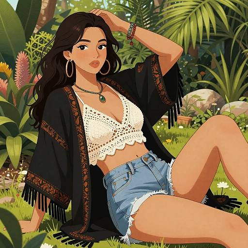 Digital illustration of a tan-skinned woman with long black hair, wearing a white lace crop top, denim shorts, and black fringe shawl, sitting