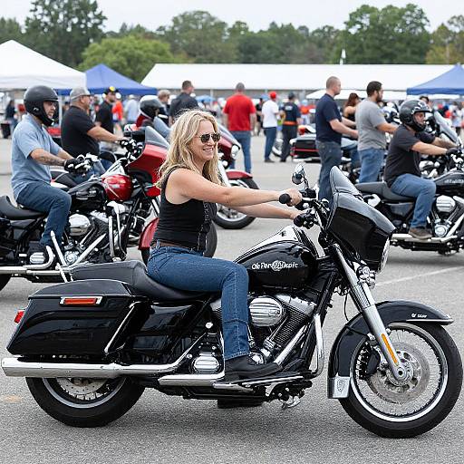 Photograph of a blonde woman with sunglasses, wearing a black tank top and blue jeans, riding a black Harley-Davidson motorcycle in a crowded outdoor