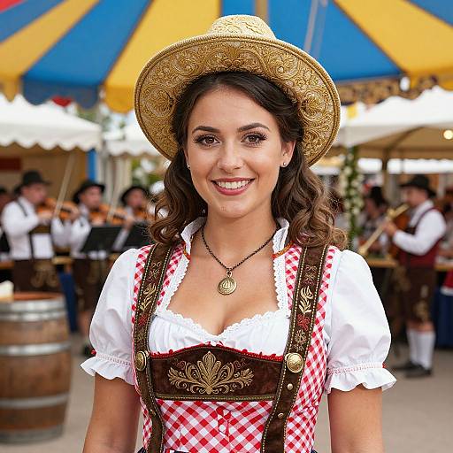 Photograph of a smiling woman with wavy brown hair, wearing a traditional Bavarian dirndl, gold hat, and necklace, at an outdoor festival