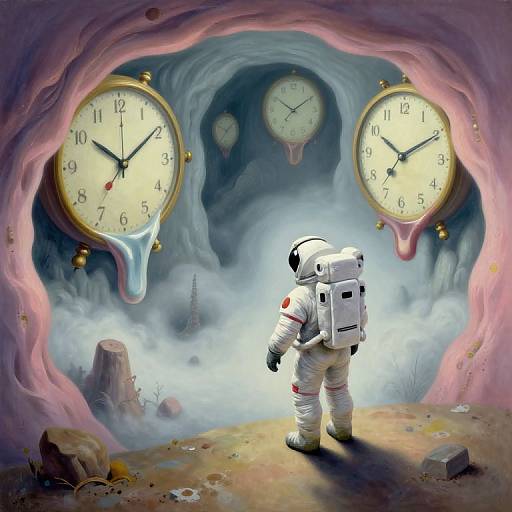 Digital artwork: A lone astronaut in a white spacesuit stands in a surreal, pink-rock cave with three melting clock faces and a foggy, mist