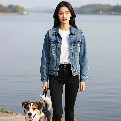 Slim Woman in Casual Streetwear by Lake