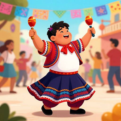 Colorful digital illustration of a joyful, chubby boy with black hair dancing in traditional Mexican attire, holding maracas, with festive background and blurred crowd.