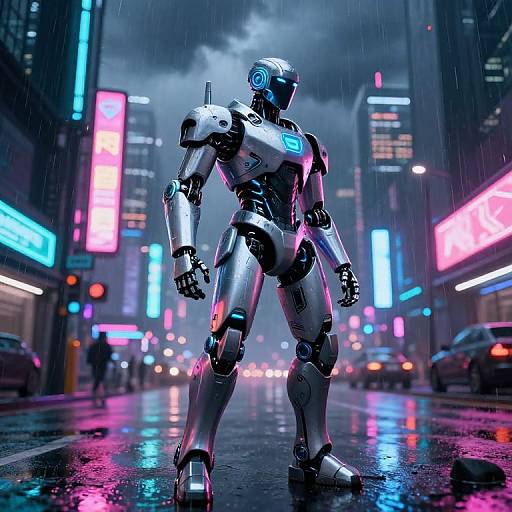 Photorealistic CGI of a silver humanoid robot standing in a neon-lit, rainy urban street, with vibrant blue and pink lights reflecting on the wet