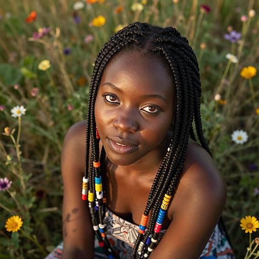 Photograph of a dark-skinned woman with braided hair, wearing colorful beaded necklace, sitting in a sunlit flower field, gazing upward