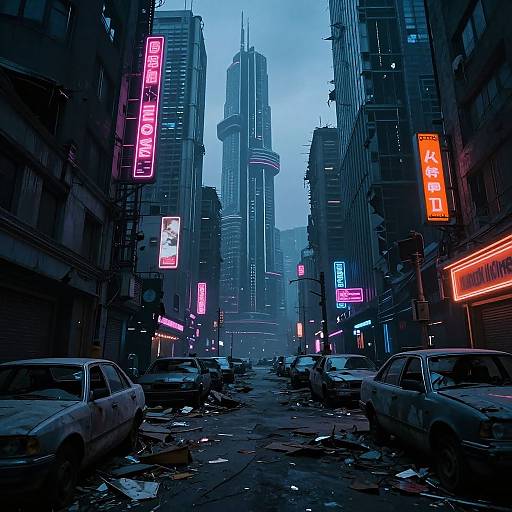 Cyberpunk city street at night; neon signs in pink, red, and blue light towering skyscrapers; littered with old cars; dark