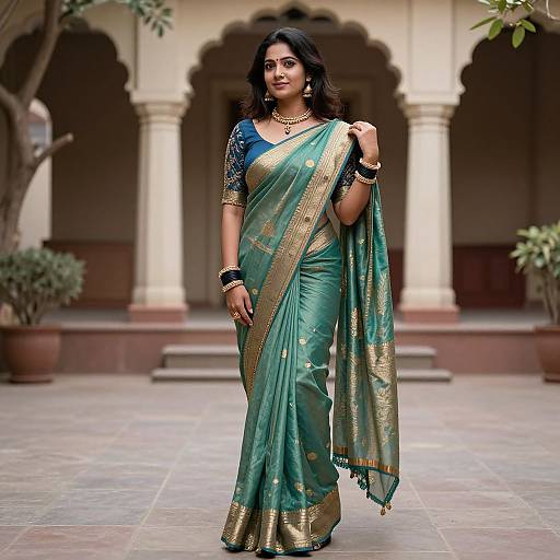 Photograph of a confident Indian woman in a green and gold sari with blue blouse, gold jewelry, and black hair, standing in a historic courtyard