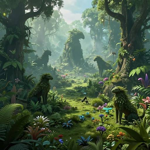 Digital fantasy artwork of a lush, sunlit forest with towering, wolf-like creatures amidst vibrant flowers, towering trees, and misty light beams.