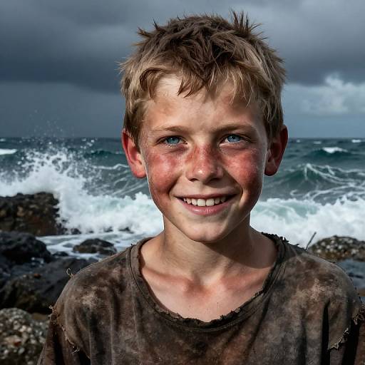 Photograph of a smiling young boy with messy blonde hair, freckles, and blue eyes, wearing a dirty brown shirt, standing in front of