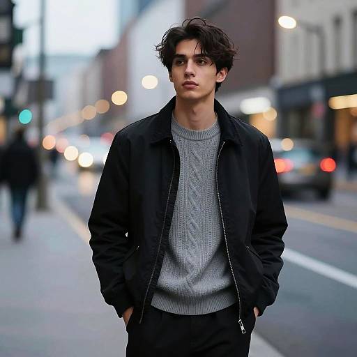 Young man in black jacket on city street