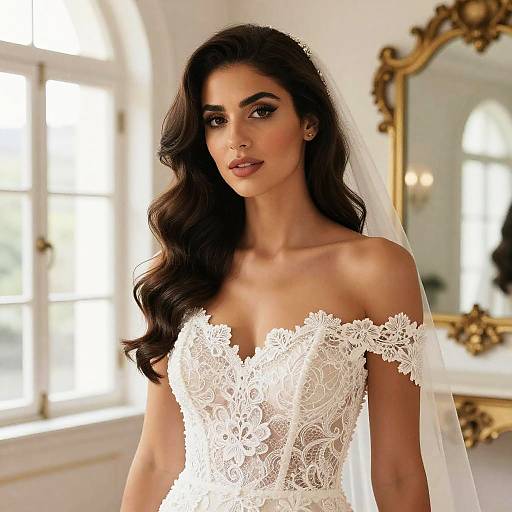 Photograph of a beautiful, dark-haired bride with long wavy hair, wearing an off-shoulder white lace wedding dress and veil, standing in