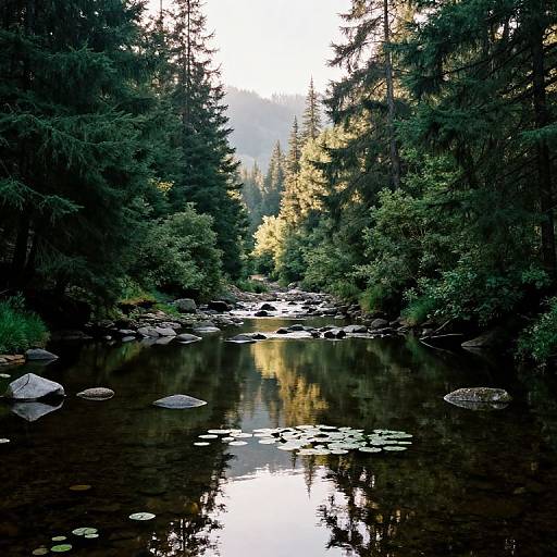Photograph of a serene forest stream with clear water reflecting surrounding trees, scattered rocks, and lily pads, illuminated by soft sunlight filtering through dense con