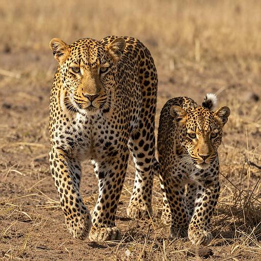 Leopard Mother and Cub in Sunlit Field