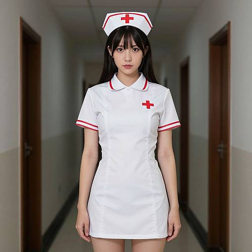 Photograph of an Asian woman with long black hair wearing a white nurse uniform with red trim and cross, standing in a dimly lit hospital corridor.