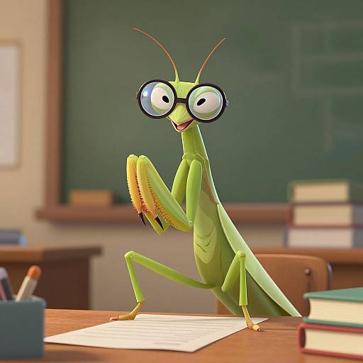 CGI cartoon of a green praying mantis with large black glasses, standing on a classroom desk, holding a pencil, and smiling. Background: chalk