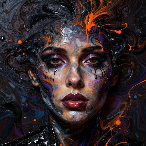 Digital abstract portrait of a woman with vibrant, swirling colors—black, orange, purple—on her face, hair, and background, creating a surreal