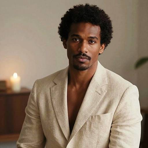 Photograph of a handsome Black man with short curly hair, mustache, and medium brown skin, wearing a light beige linen blazer, sitting against
