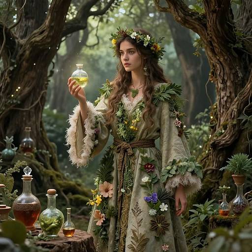 Photorealistic digital art of a fair-skinned, long-haired woman in a floral headband and embroidered dress, holding a glowing glass in a mystical