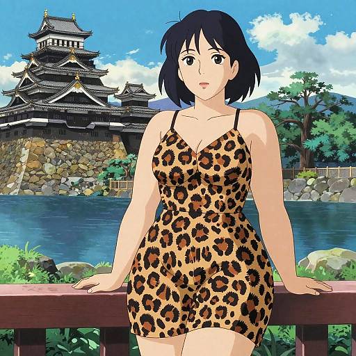 Anime-style drawing of a black-haired woman in a leopard-print dress, sitting on a wooden railing, with a traditional Japanese castle and serene lake in the