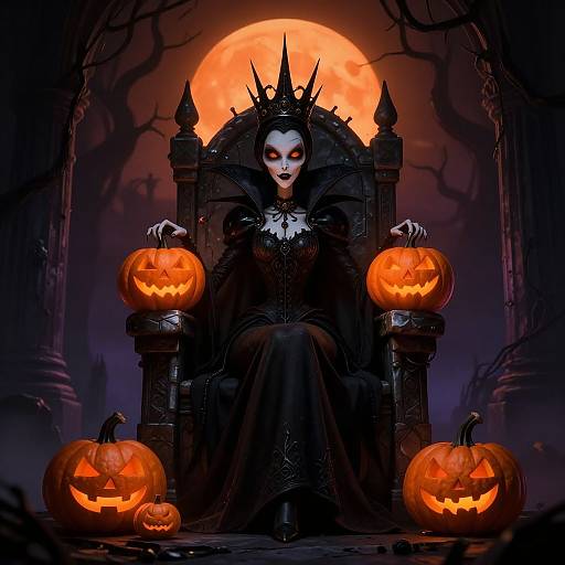 Digital art of a gothic queen with pale skin, black crown, and dress, seated on an ornate throne, surrounded by glowing jack-o'-