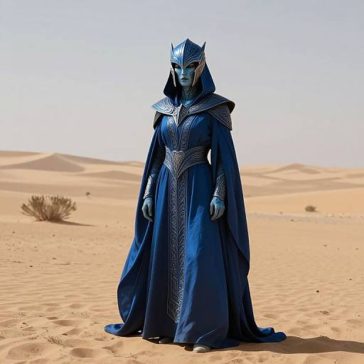 CGI image of a blue-skinned, armored female figure in a flowing, intricately patterned blue robe, standing in a desert with dunes