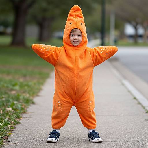 Photograph of a smiling toddler in an orange dinosaur onesie with a hood, standing on a suburban sidewalk with green grass and blurred trees in the background