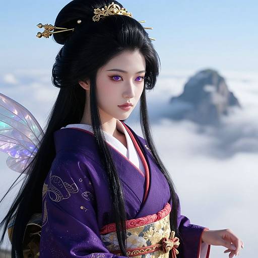 Digital artwork of an elegant East Asian woman with long black hair, purple kimono, gold ornaments, and iridescent fairy wings, standing against a