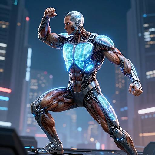 CGI image of a muscular, bald, robotic humanoid with glowing blue chest and limb accents, striking a powerful pose in a futuristic cityscape at night