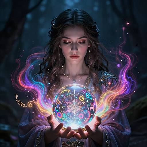 Digital artwork of a fair-skinned woman with long brown hair, wearing a glowing magical orb, surrounded by vibrant, colorful, ethereal lights in a