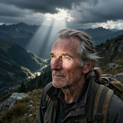 Photograph of an older man with gray hair and beard, wearing a hiking jacket and backpack, gazing up at sunbeams through cloudy mountains.