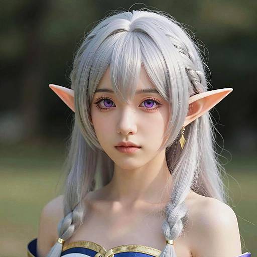 Digital artwork of a beautiful, young, silver-haired elf woman with purple eyes, pointed ears, and gold-trimmed blue dress, set against a