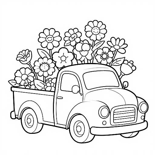 Vintage Truck with Flowers Line Art