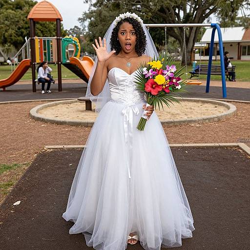 Photograph of an African-American bride in a white strapless wedding dress, holding a colorful bouquet, waving with a surprised expression, in a playground background