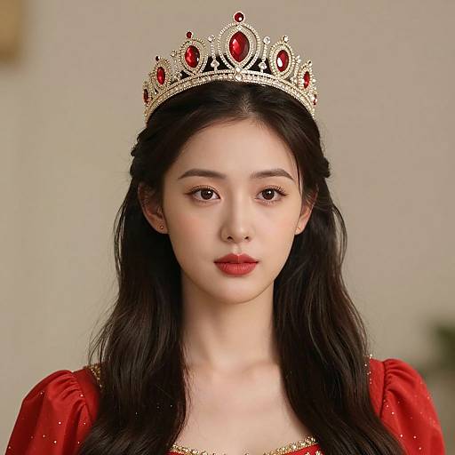 Photograph of an East Asian woman with fair skin, long black hair, wearing a gold crown with red gems, red dress, and red lipstick,