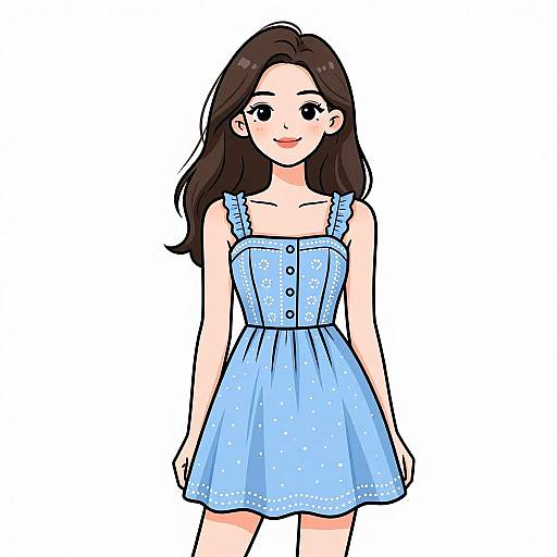 Digital anime-style drawing of a smiling young woman with long brown hair, wearing a light blue polka-dot dress with shoulder straps.