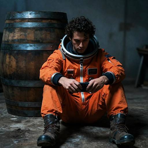 Man in Orange Spacesuit Sitting on Floor