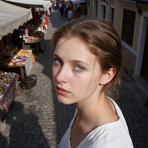 Photograph of a young woman with fair skin, blue eyes, and brown hair in a braid, wearing a white shirt, standing in a sunny