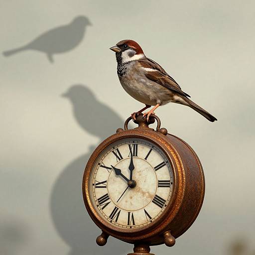 Photograph of a small sparrow with red and white head, perched on a vintage, bronze clock with black Roman numerals. Shadow of the
